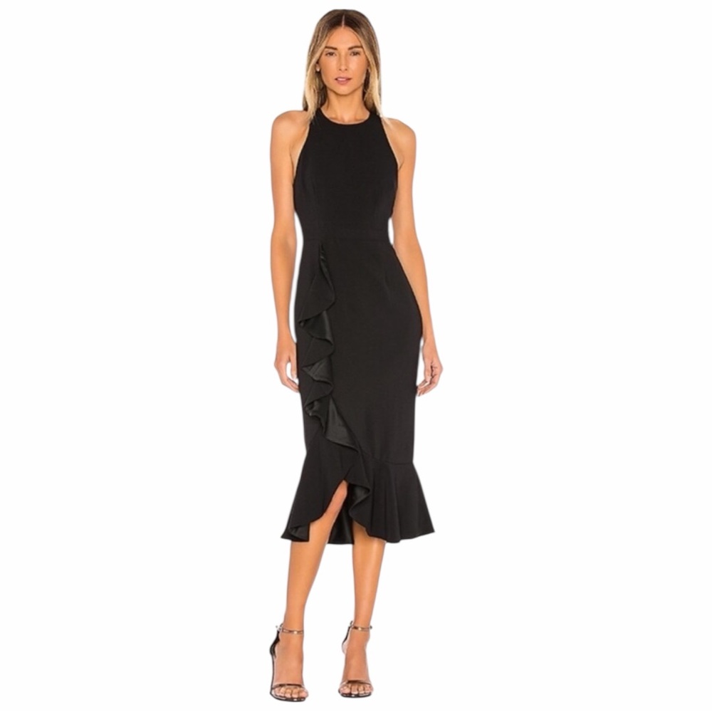 Likely Tay Flounce Midi Dress in Black Size 4 Halter Neckline Cascading Ruffle